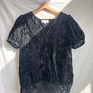 Dear John Black Velvet Burnout V-Neck Puff Sleeve Top
